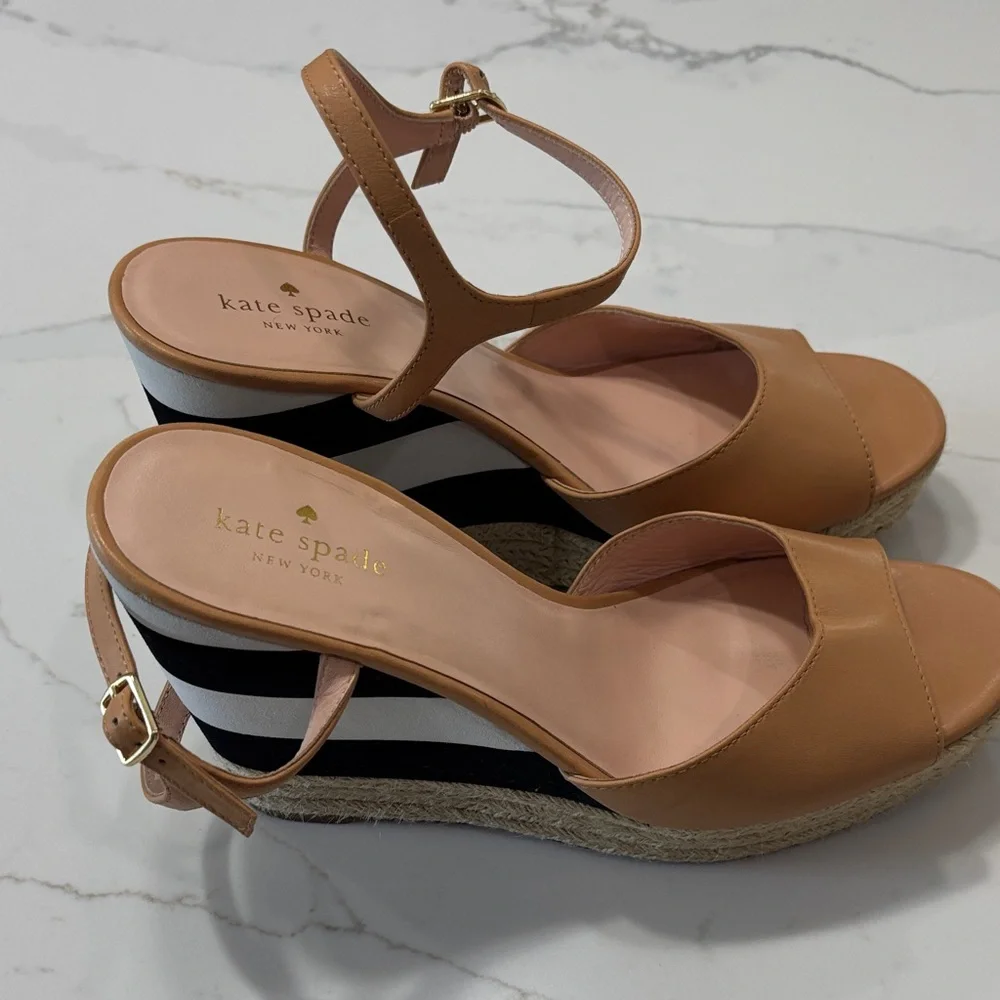 kate spade tan and black striped espadrille wedge sandals